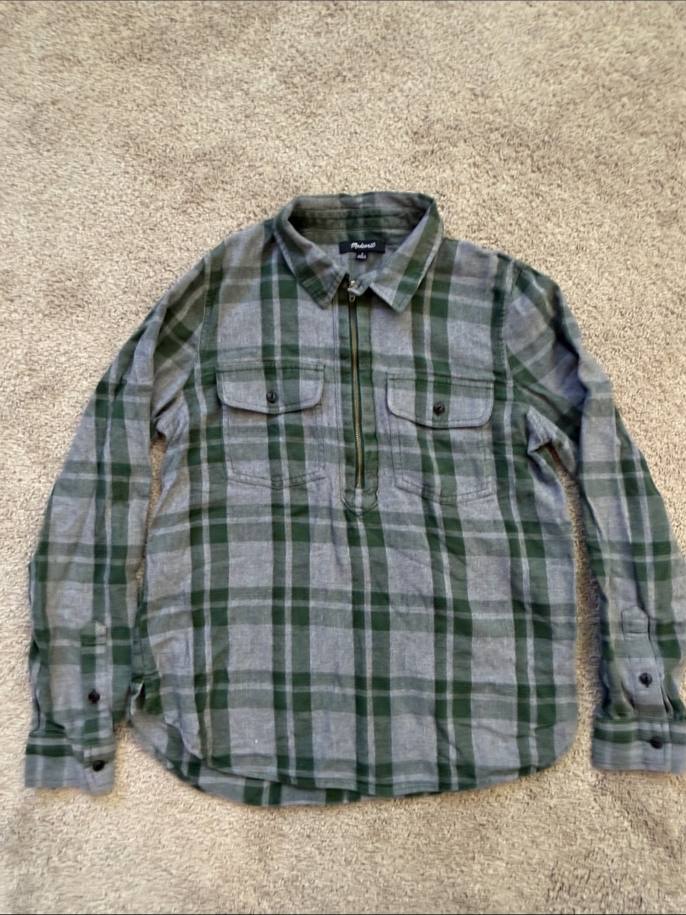 Madewell Green and Gray Plaid Half-Zip Button Flannel